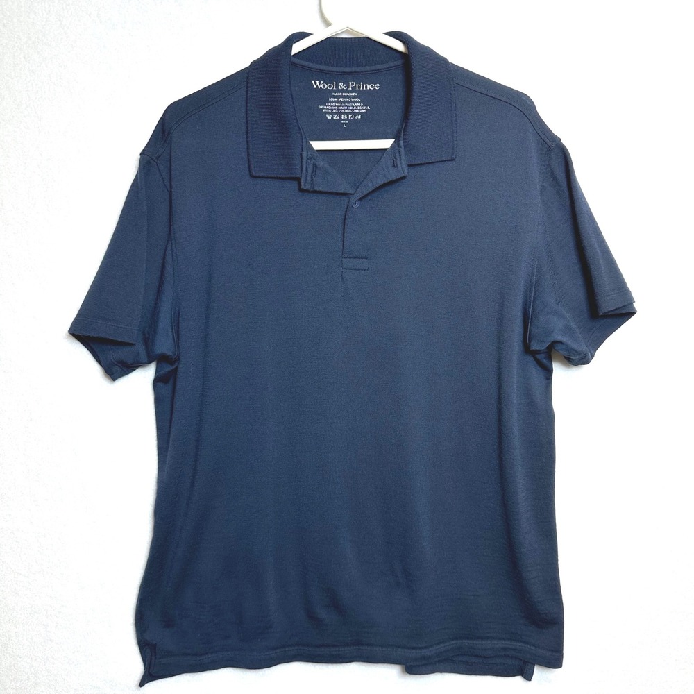 Wool & Prince Polo Shirt Mens L Navy Blue 100% Merino Wool Short Sleeve Knit